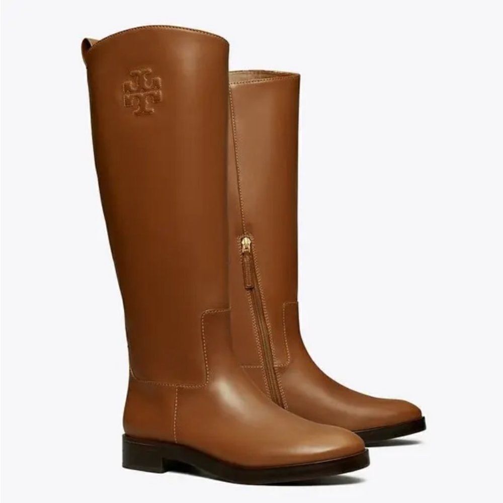 NWT Tory Burch soft leather tall riding boots with logo stitch accent at collar - Picture 4 of 11